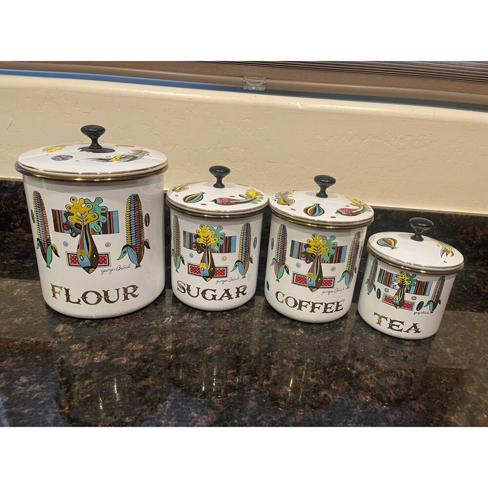 4 piece Georges Briard cornstalk Enamelware Canister Set